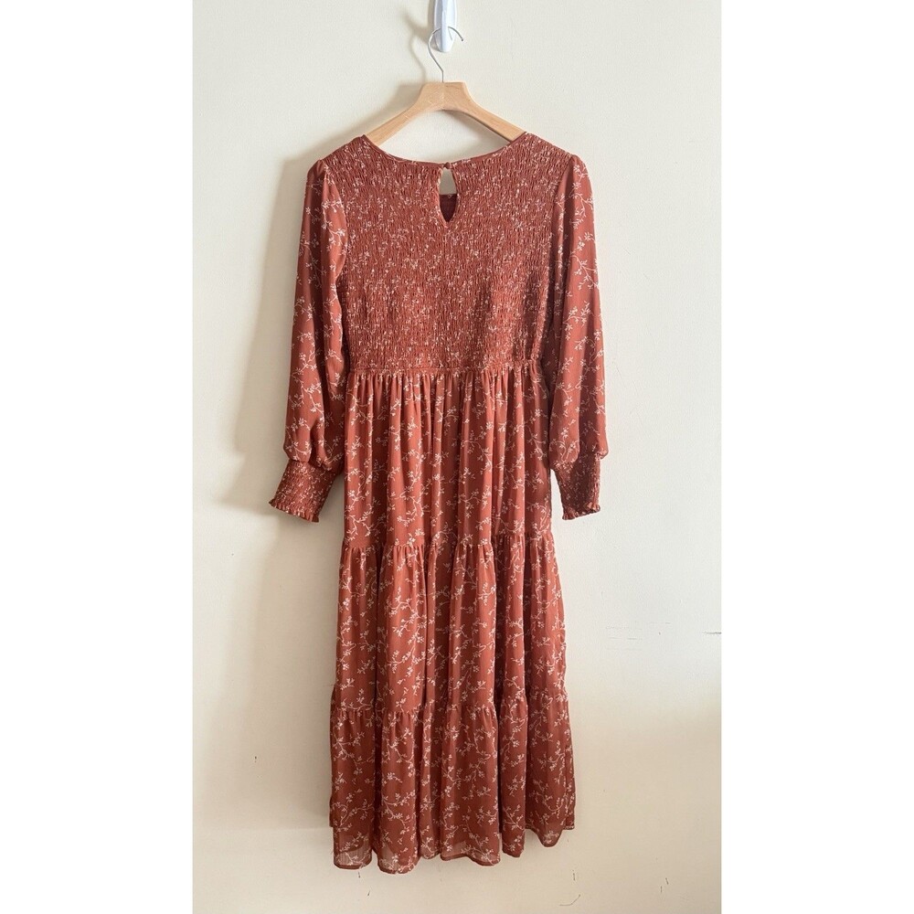 Bohme Rust Smocked Midi Dress Floral Fall Tiered Size Small Boho Casual - Picture 4 of 5